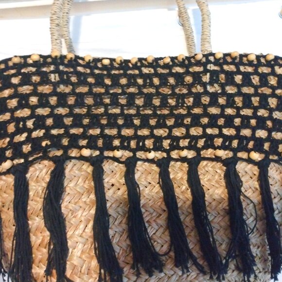 Handmade Braided Straw Basket Tote Boho Crochet Beaded Trim Drawstring Bag - Picture 3 of 10